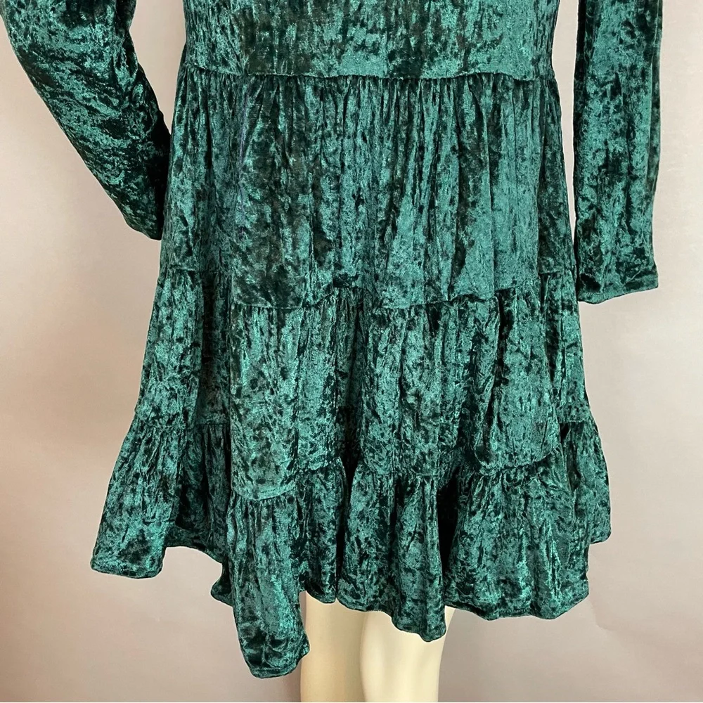 Vintage Crushed Velvet Babydoll Dress Green Christmas Girls Sz 14 Rosette Tiered
